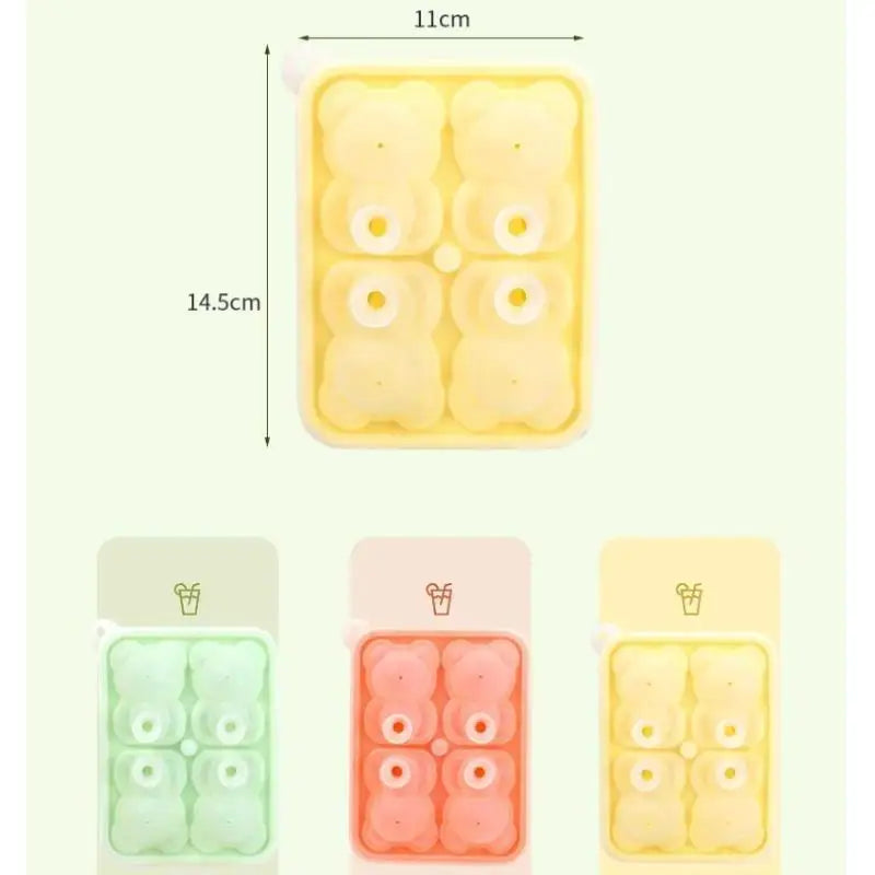 3D Food Grade Silicone Ice Mold 4Grid Bear Shape Cube Maker DIY Qme