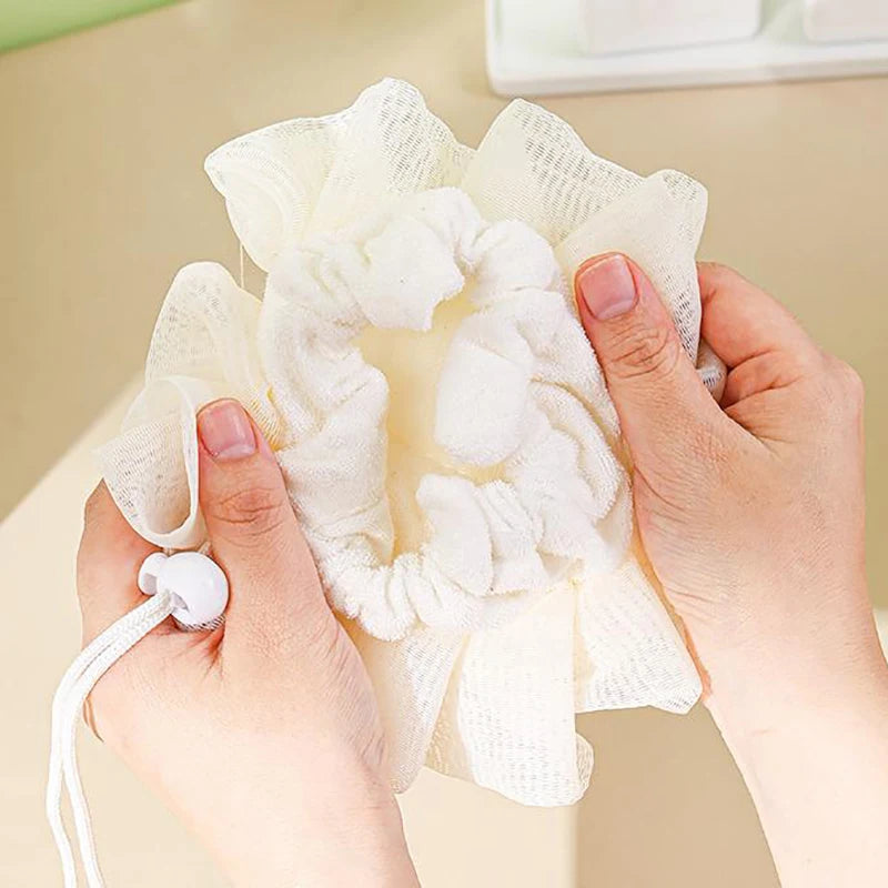 2-In-1 Bath Ball Towel Loofah Drawstring Closure Soap Soft Qme
