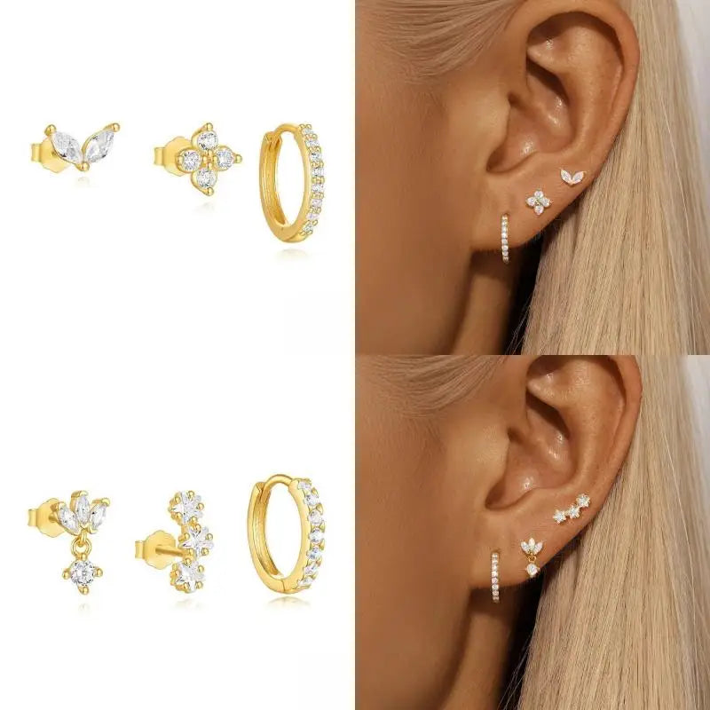 3PCS Fashion Cute Zircon Flower Ear Stud For Women Fashion 18K Gold Plated Star Ear Stud Earring Piercing Girl Set Jewelry Gift Qme