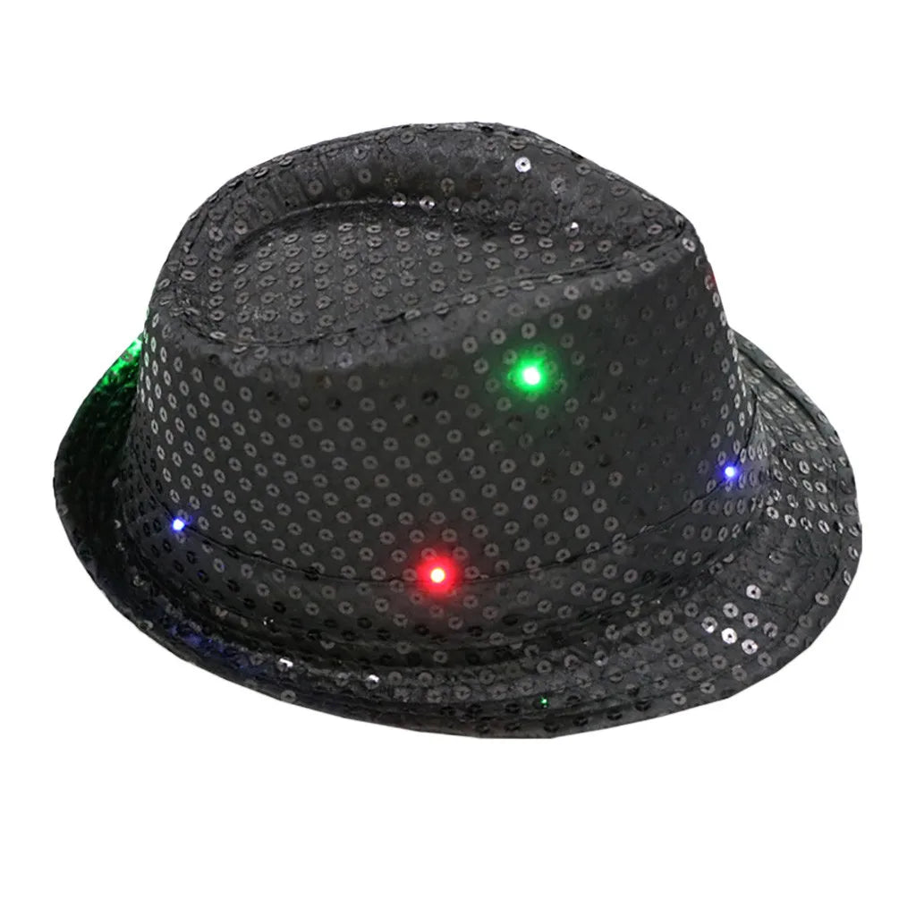 Unisex Hip Hop Jazz Hat Fancy Party Stage Dance Sequins Show Glitter Caps Performance Costume Clown Magician Hat for Kids Qme Black