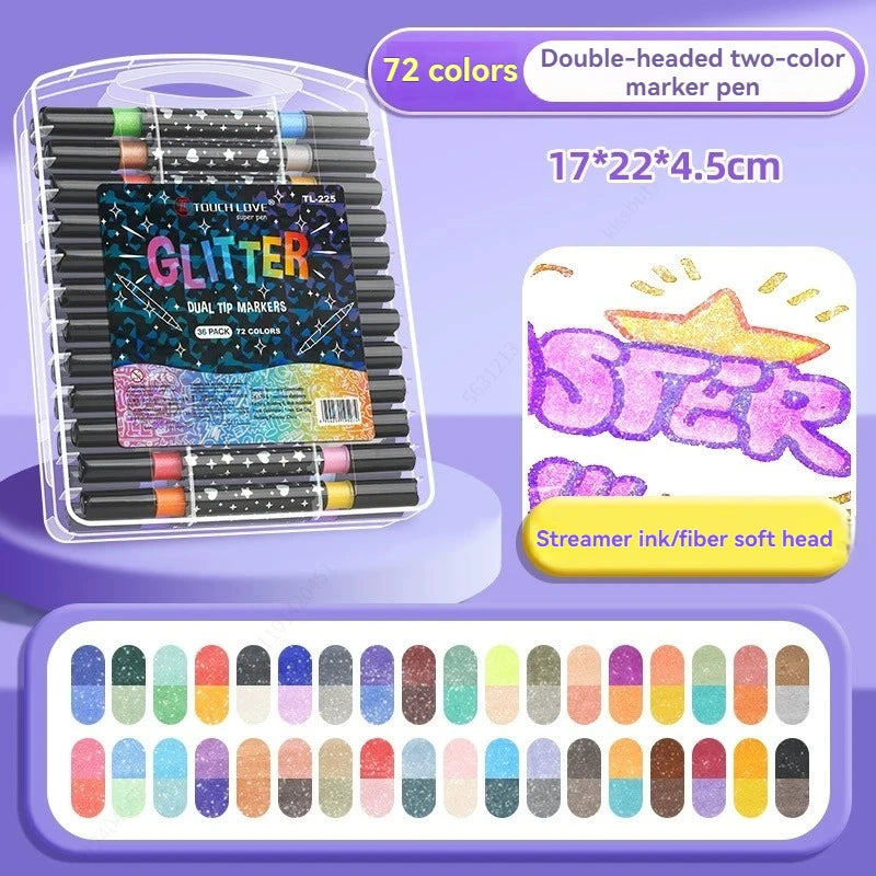Glitter Double Tips Markers Pens, Shimmer Markers Glitter Writing Drawing Pens for Christmas Card Birthday Greeting DIY Art Qme 36 pieces-72 colors
