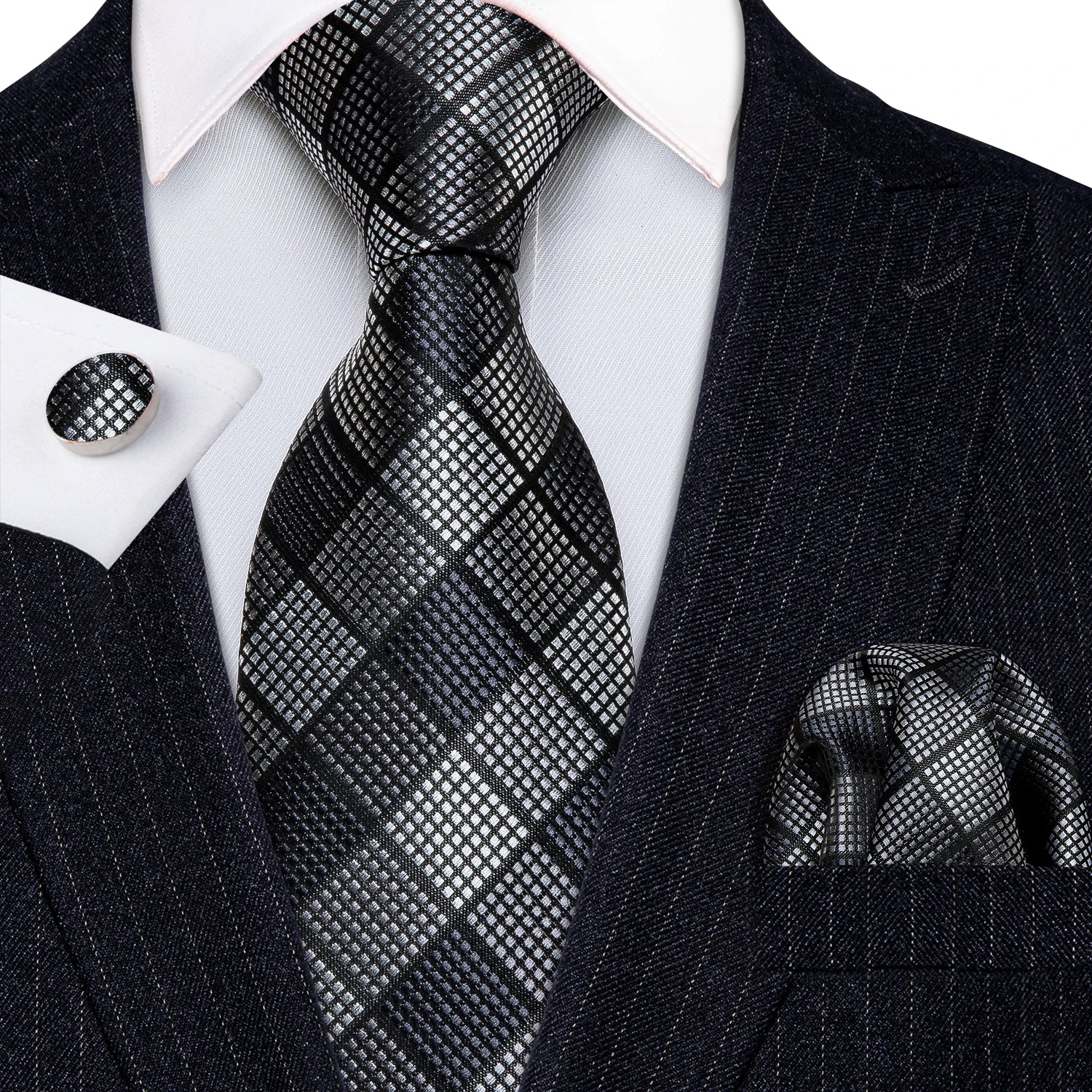 Complete Men's Tie Accessories Bundle: Classic Tie, Pocket Handkerchief, Cufflinks, Premium 3-in-1 Set for Office & Parties Qme DPTH-HT-LDSN1017