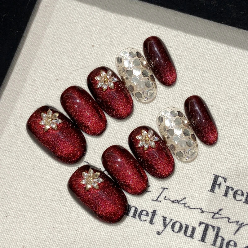 Red Cat Eye Handmade Press Nails Diamond Flower Flash Fake Wearable Qme GJ-CDJ-ZB121-M