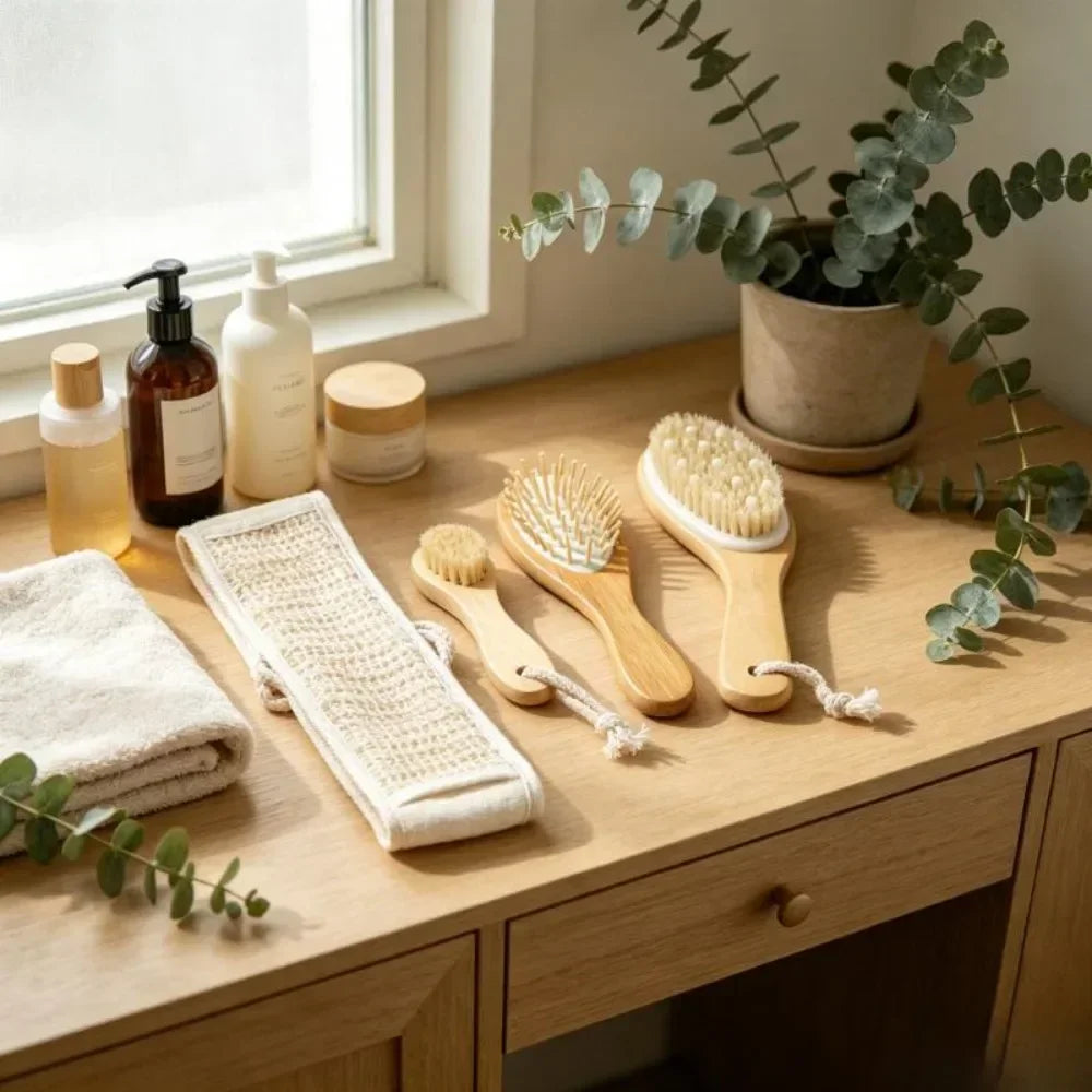 Bamboo Long Handle Back Scrubber Horsehair Exfoliating Brush Strap Qme