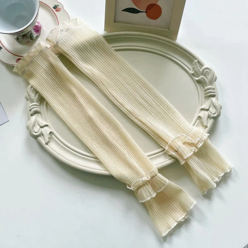 Women Long Fingerless Gloves Summer Sun Protection Lady Thin Lace Qme Beige One Size