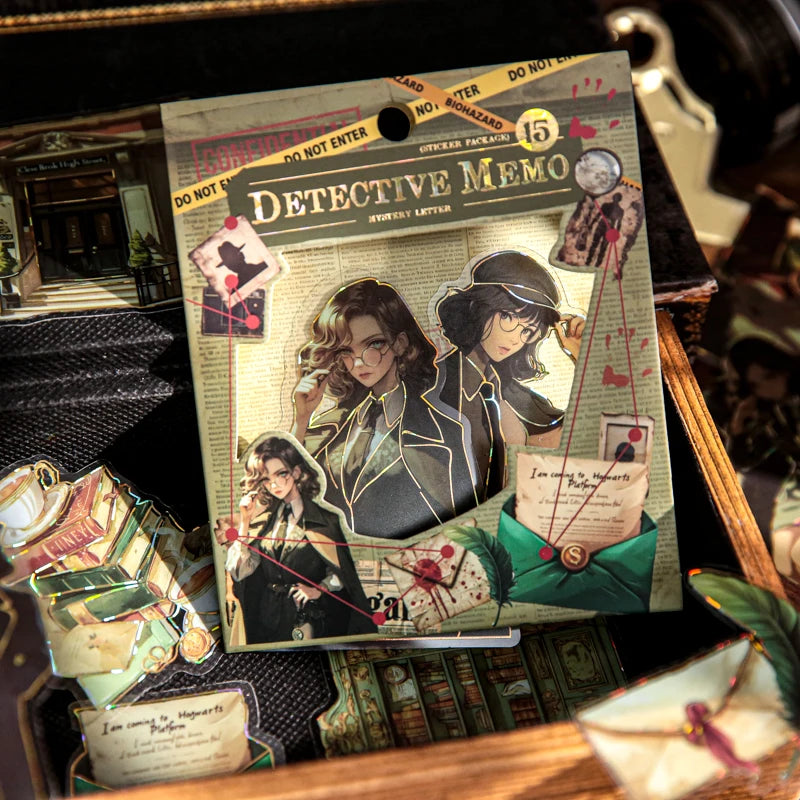 15 Sheets Detective Theme Large PET Sticker Pack for Scrapbook DIY Photo Frame Collage Journal Decoration Qme