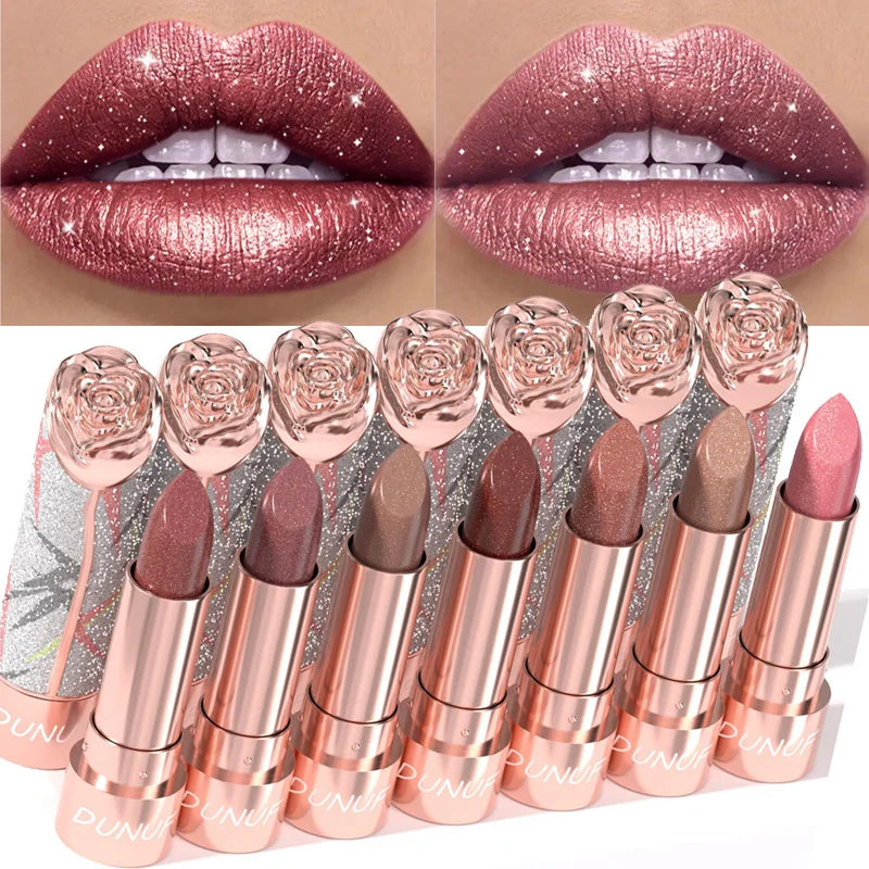 7 Colors Metallic Shimmer Lipstick, Gold Sparkle 3D Glitter Lip Makeup, High Pigment Velvet Matte Long Lasting Pearl Lipstick Qme