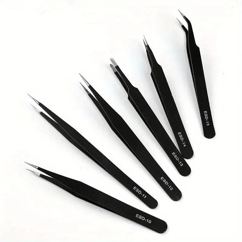 Precision Tweezers Set, Advanced Anti-Static Stainless Steel Tweezers, ESD Curved Tweezers, Suitable for Electronic Products Qme 6pcs set