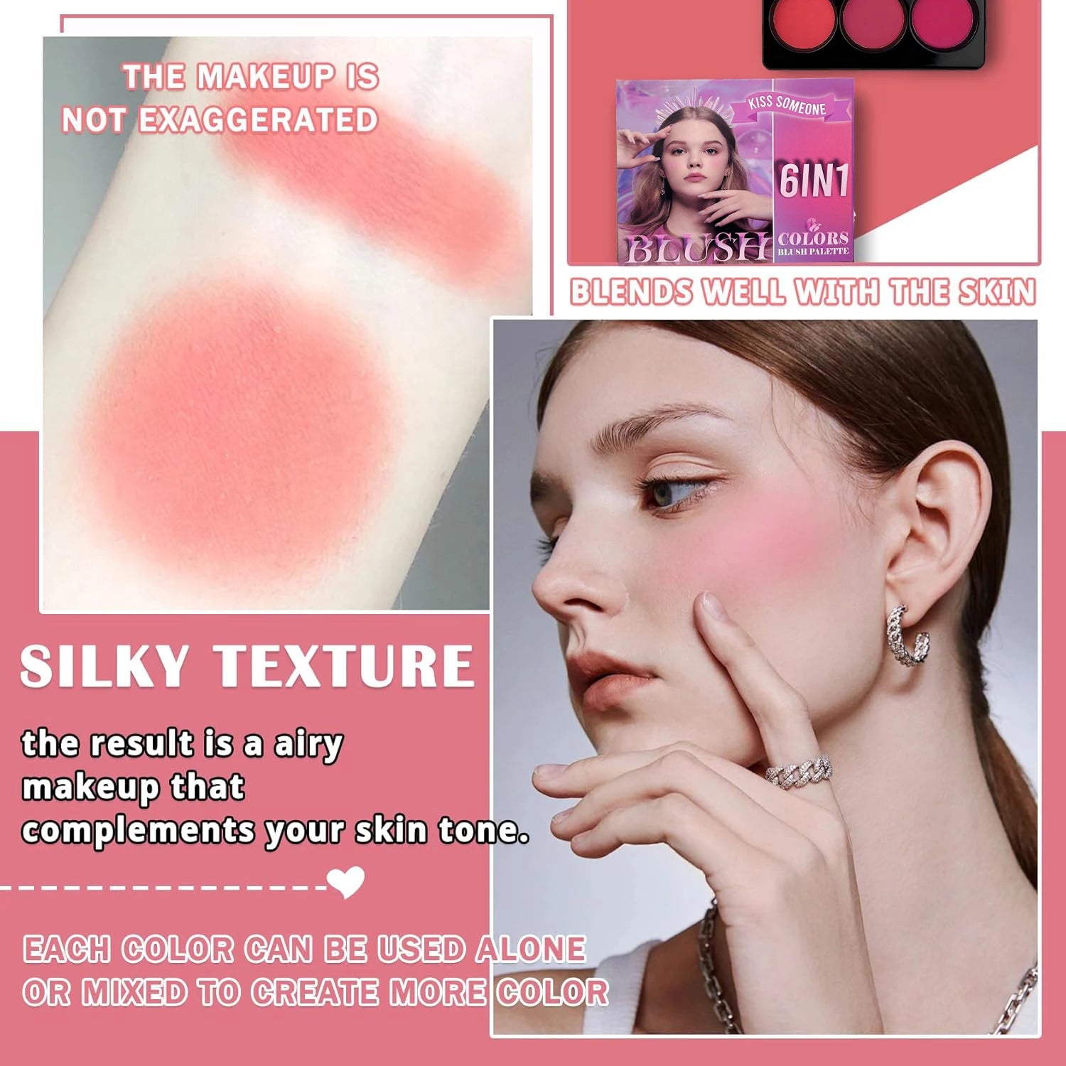 6 Colors Blush Palette for Cheeks,Face Matte Contour Blush Makeup Palette,Buildable Shimmer Facial Cheek Blusher Shades Qme