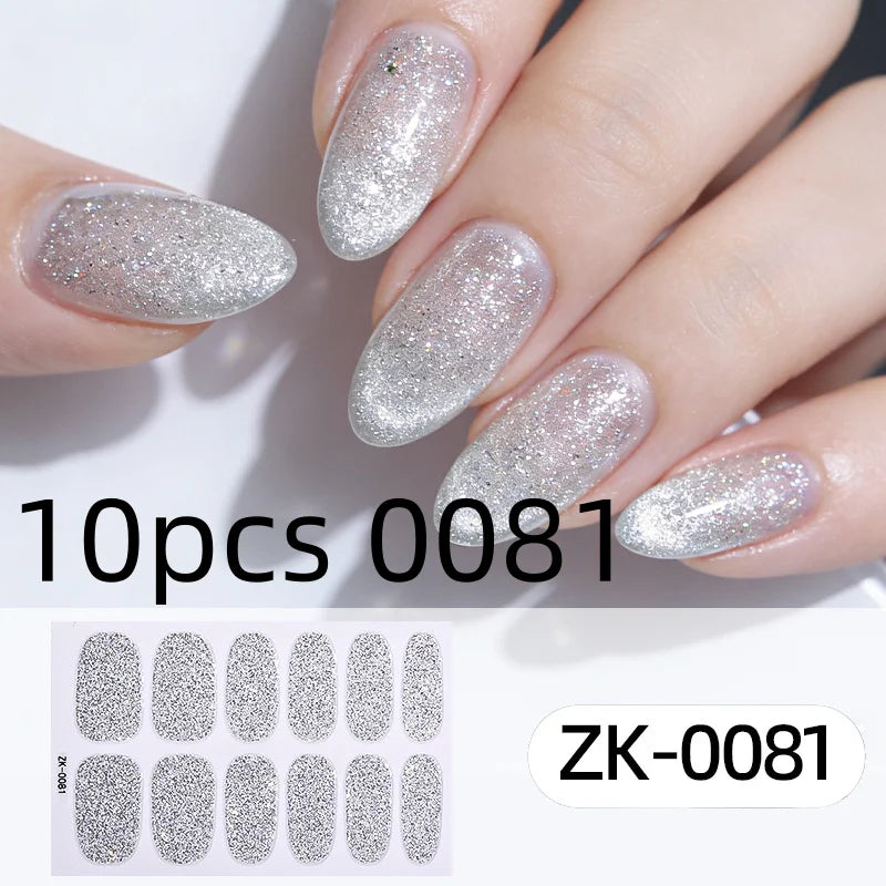 Nail Full Wrap Stickers Nail Glitter Self Adhesive Gel Nail Sticker for Women Home DIY Nail Supplies Manicure Kit Qme 10pcs 0081