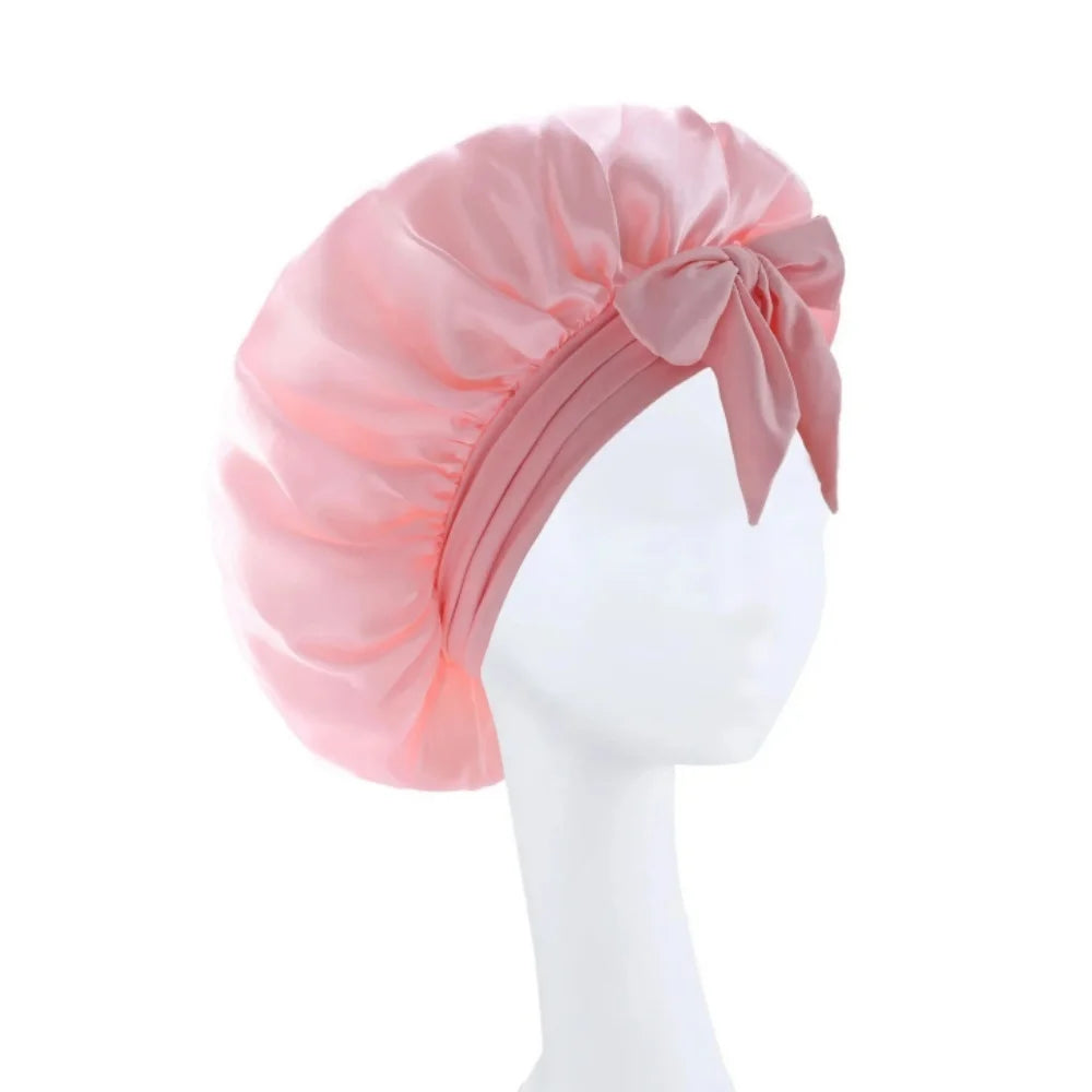 Satin Solid Hair Dye Cap With Stretchy Tie Band Elastic Night Shower Cap Adjustable Hair Head Cover Bonnet Turban For Women Men Qme coral pink
