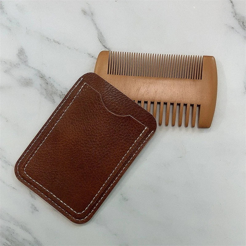 Natural Wood Hair Brush Beard Comb PU Leather Case Anti-static Qme