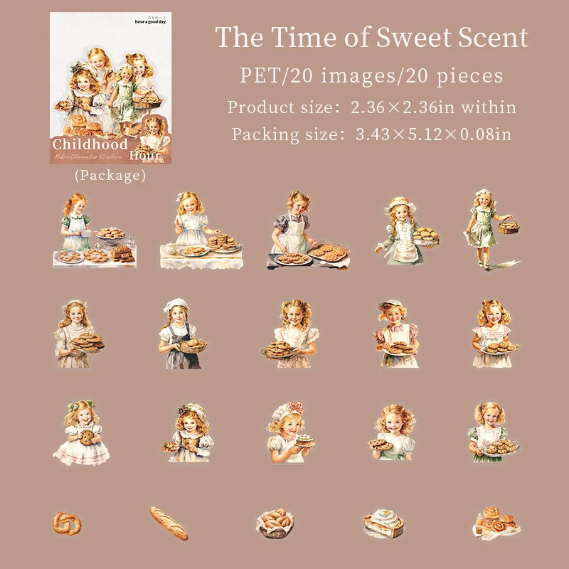 20 Sheets/Bag Childhood Time Retro Theme PET Stickers for Scrapbooking DIY Photo Album Collage Decoration Materials Qme 2