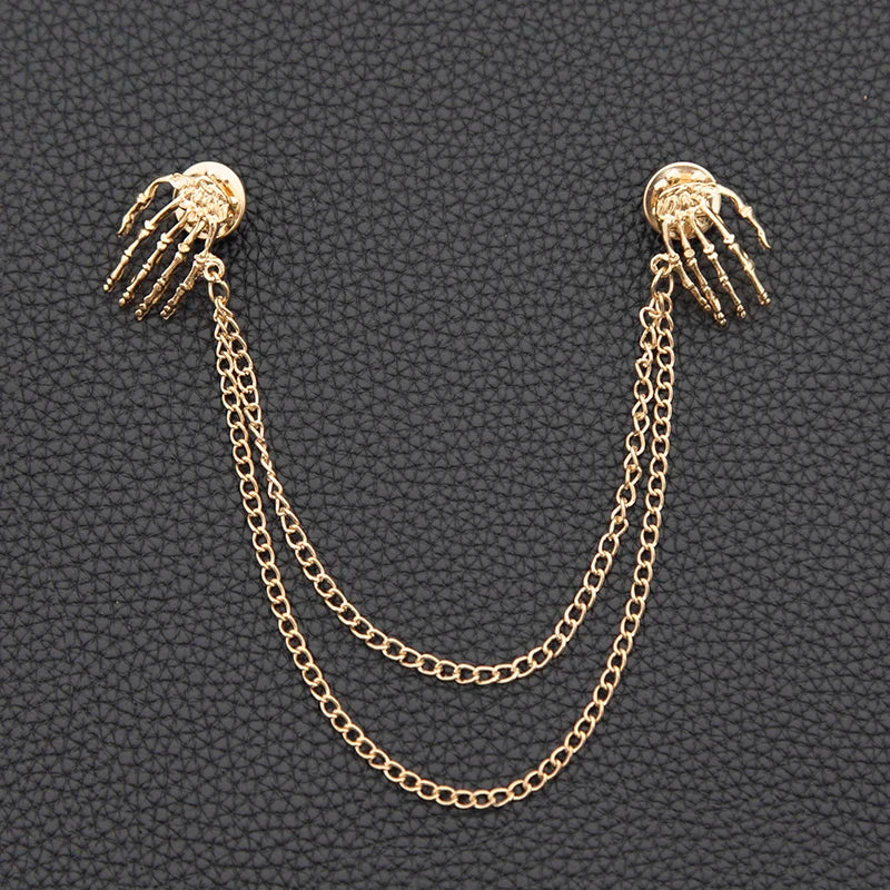 New Brooches Punk Skull Shirt Collar Pins Retro Fashion Men and Women Steampunk Charm Palm Universal Retro Chain Brooch Qme