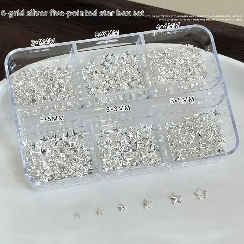 6 Grids Metallic Gold Silver Nail Art Rhinestones Pentagrams Rivet Qme Silver