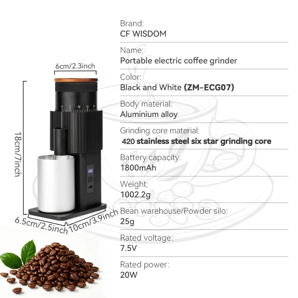 Portable Electric Coffee Grinder Full Aluminum Body USB Rechargeable Qme ZM-ECG07