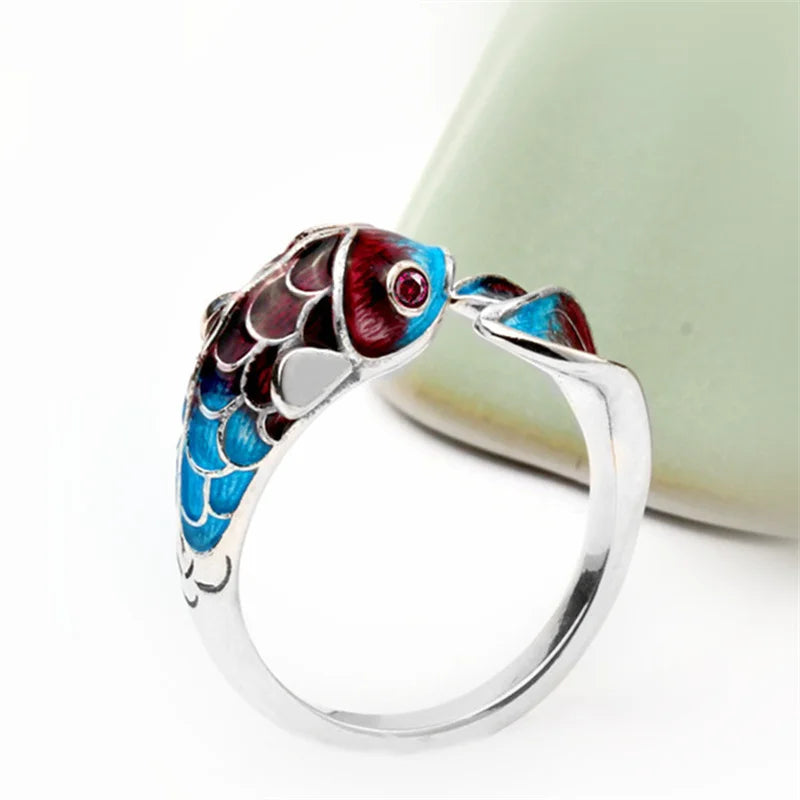 NEW Vintage Fashion Koi Fish Open Ring for Women Lucky Adjustable Holiday Ring Fish Leaping Over The Dragon Gate Jewelry Gift Qme