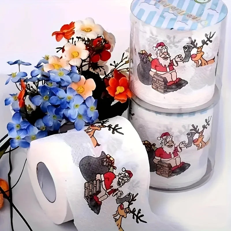 Christmas Festive Toilet Paper - 2 Layers, Unscented, with Santa and Reindeer Patterns - Perfect for Holiday Home Decorations, C Qme