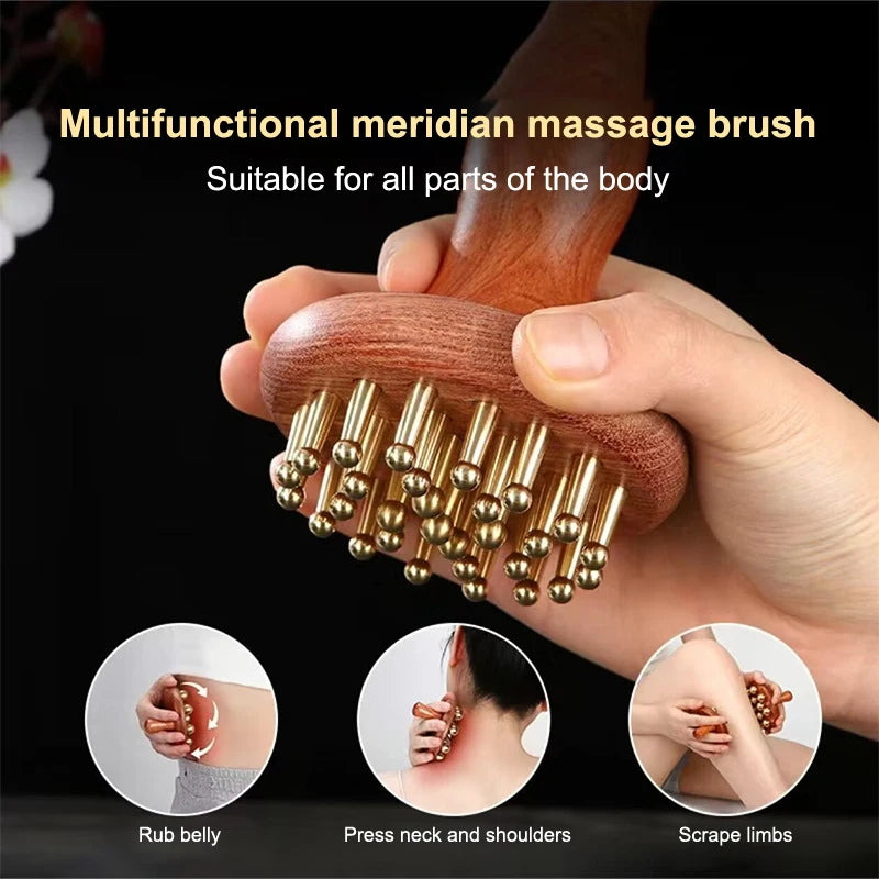 Brass Bead Massage Gua Sha Comb Meridian Brush Handle Point Massager Qme