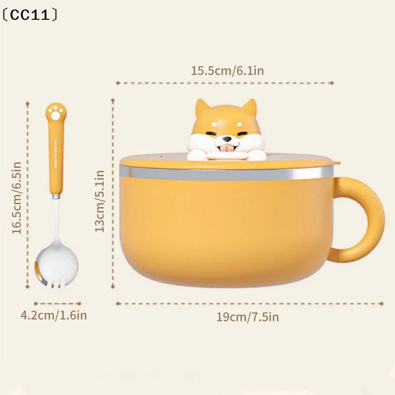 Cute Dog Instant Noodle Bowl Stainless Steel Lid Large Fruit Salad Qme