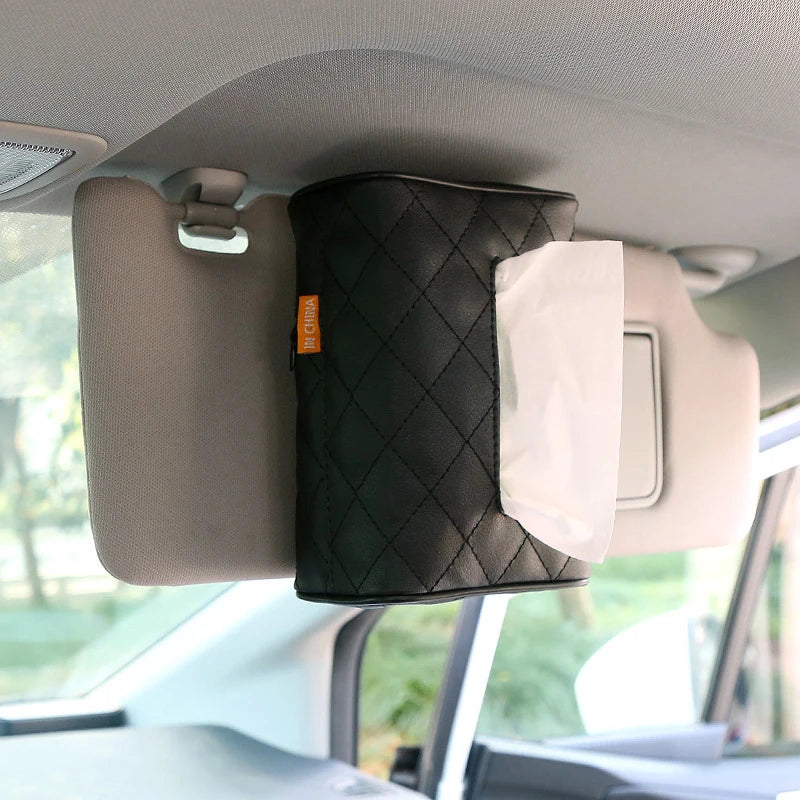 Solid Color Checkered Leather Wear-Resistant Tissue Box Car Seat Back Sunshade Hanging Tissue-Bag Buckle Strap Easy Installation Qme