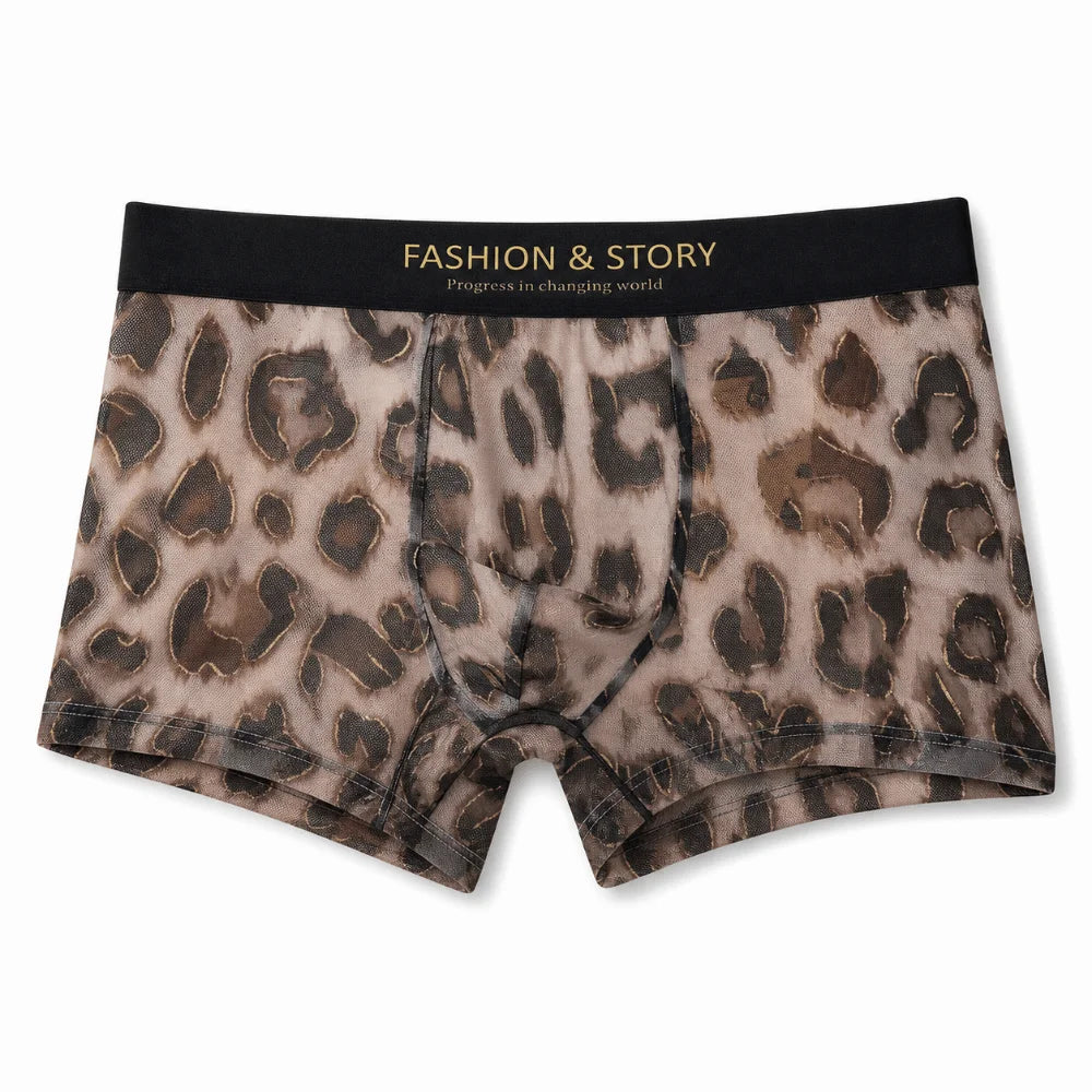 Cool Leopard Print Men's Ice Silk Boxer Underwear Ultra Thin Mesh Qme Khaki M