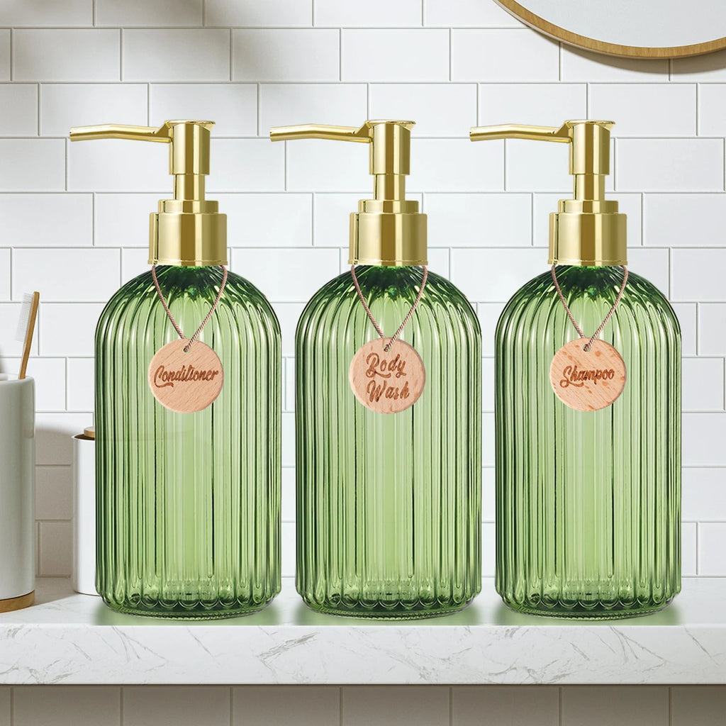 Reusable Shampoo Conditioner Body Wash Bottle Bathroom Shower Soap Dispenser with Wooden Tag Gold Bathroom Accessories Qme