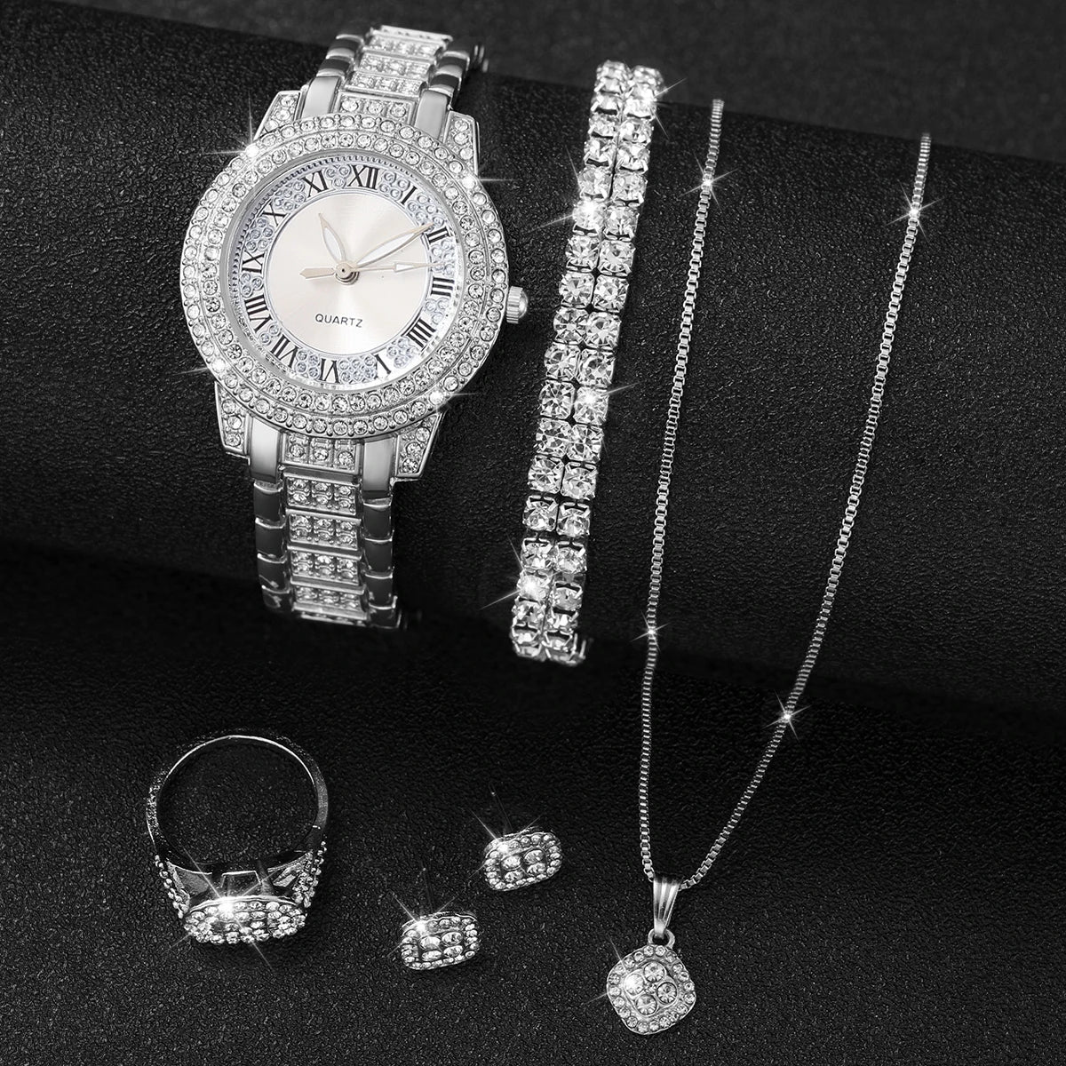 6PCS/Set Full Diamond Roman Literal Steel Strip Women's Watch Starry Charm Business Quartz Watch Women's Watch Jewelry Set Qme