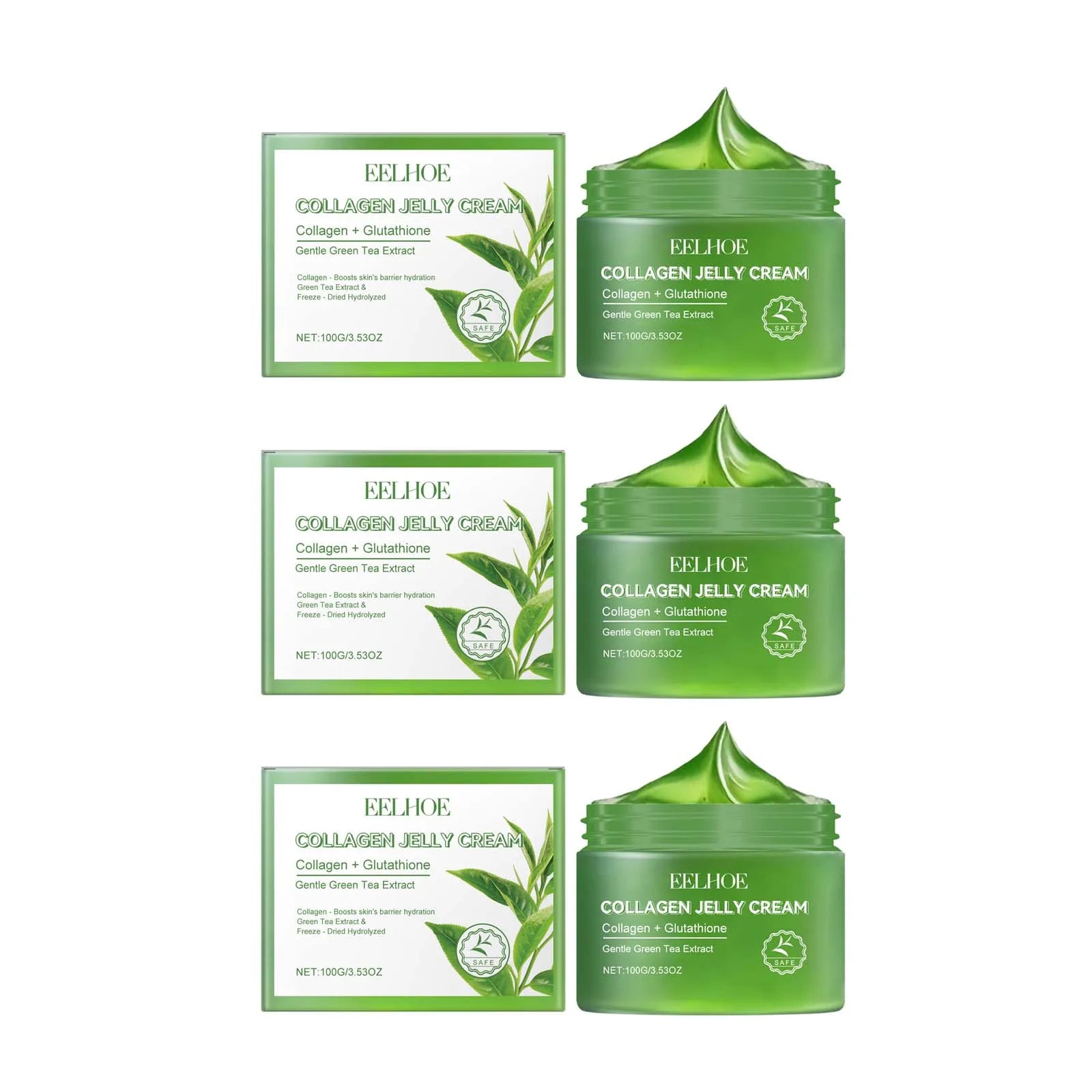 Green Tea Collagen Jelly Cream Gentle Moisturizing Soothing Shrink Pores Smooth Wrinkles Rejuvenating Facial Skin Care Gel Cream Qme 3 x 100g boxed