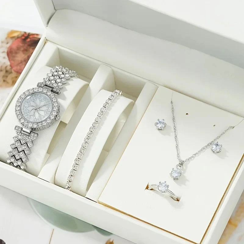1Pc Of Round Hand Quartz Watch And 5Pc Of Jewelry Fancy Women Watches Jewelry Sophisticated And Stylish Women Watch Qme Silver