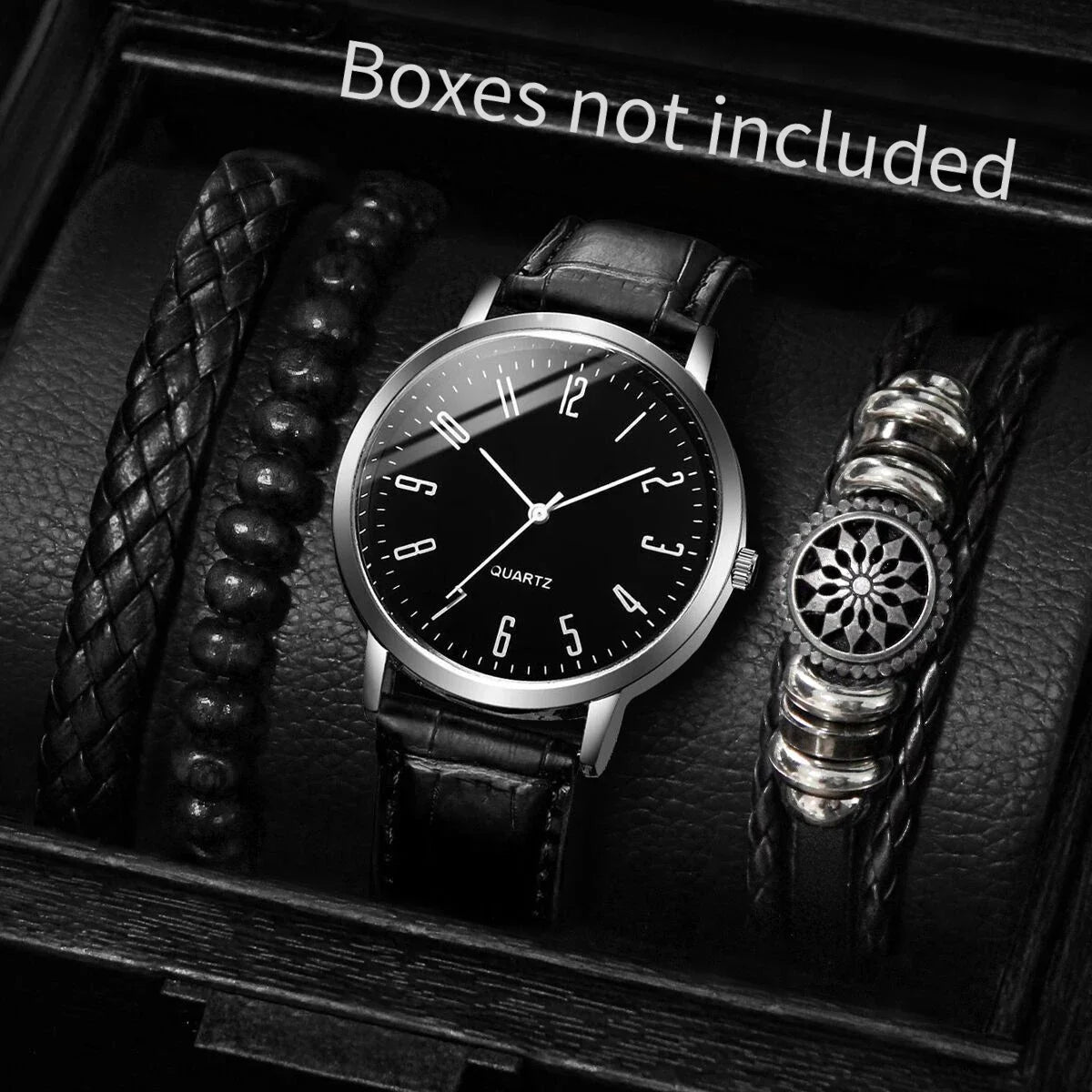 4/5PCS Fashion Men's Watches Bracelets Set Casual Arabic Dial Leather Strap Quartz Wristwatch Reloj Hombre（Without Box） Qme Black D Without Box