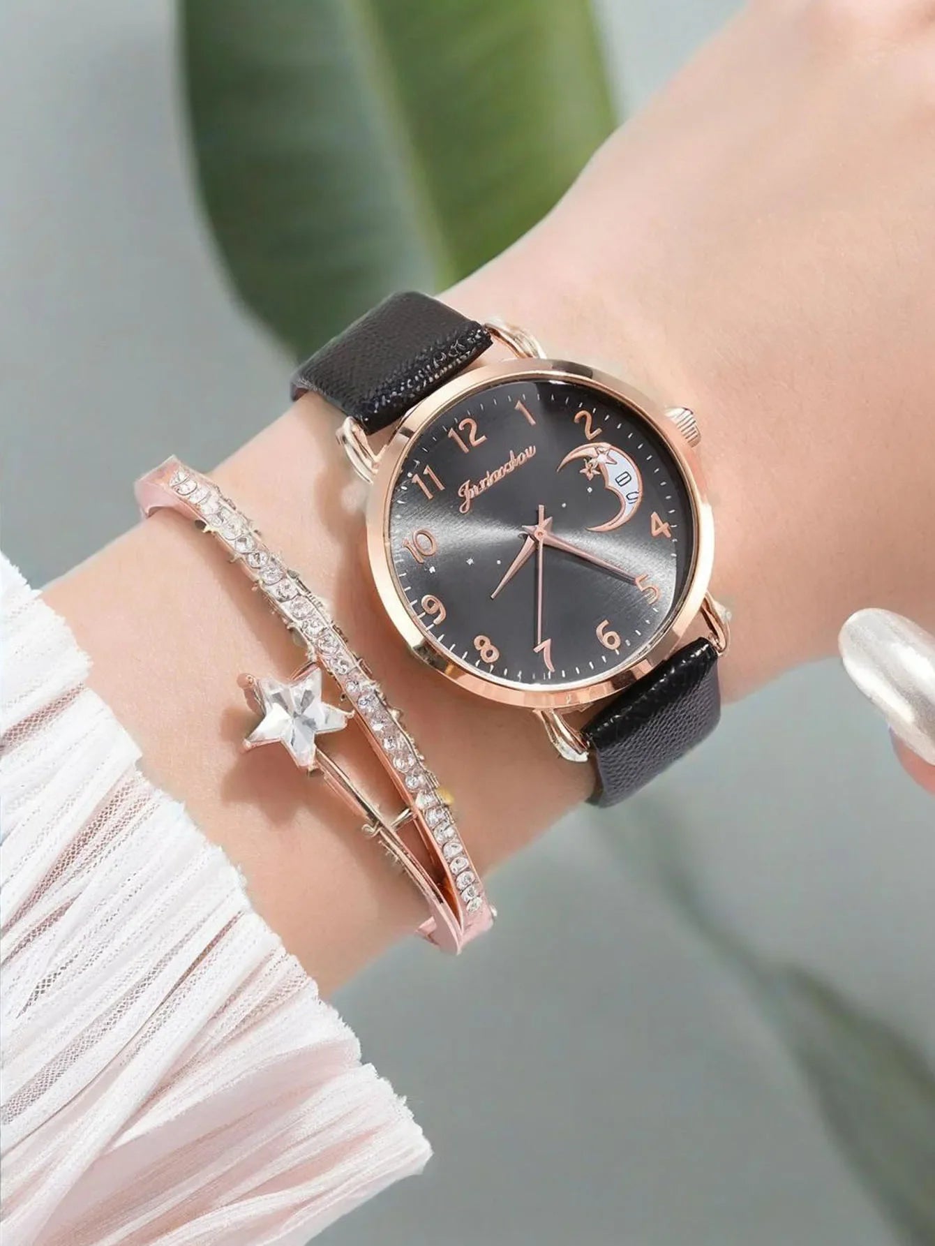 2pcs/set New Women's Personalized Bracelet Set Moon Pattern Digital Dial 2pcs Fashion Quartz Women's Watch Qme