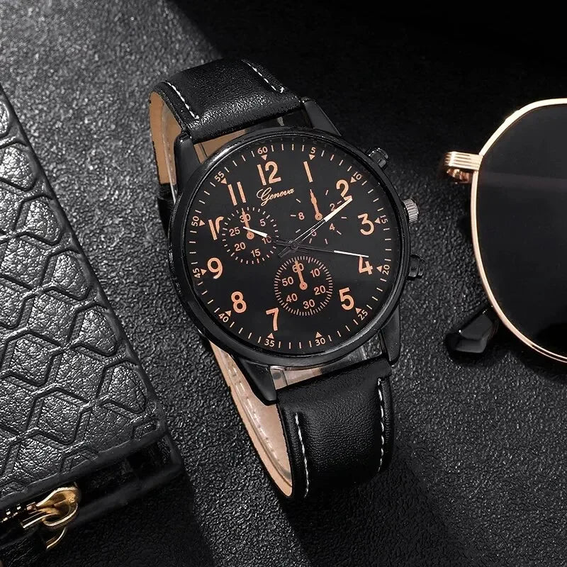 2026 Men's quartz casual three eye PU leather watch fashionable and versatile quartz business watch set Qme