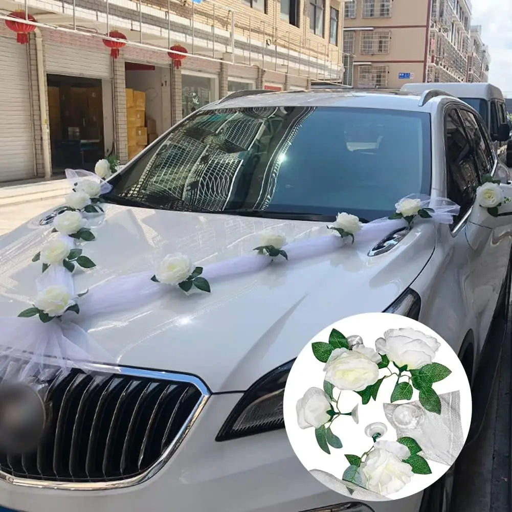 White Rose Artificial Flower for Wedding Car Decoration Bridal Car Decorations Door Handle Ribbons Silk Flower Qme