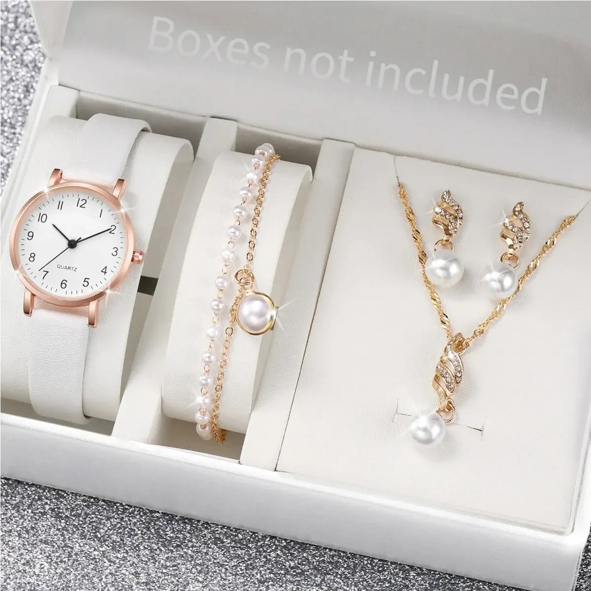 Women Rose Gold Pearl Jewelry Watch Set White Leather Quartz Wrist Watch Necklace Earrings Bracelet Ladies Elegant Gift Qme