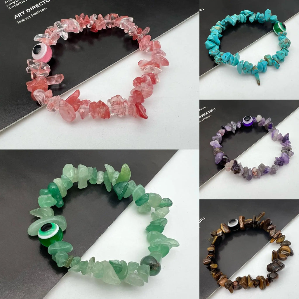b57 Blue Evil Eye Crystal Bracelet Irregular Natural Stone Beads Chip Jewelry Amethyst Aquamarine Rose Quartz Bangles for Women Qme