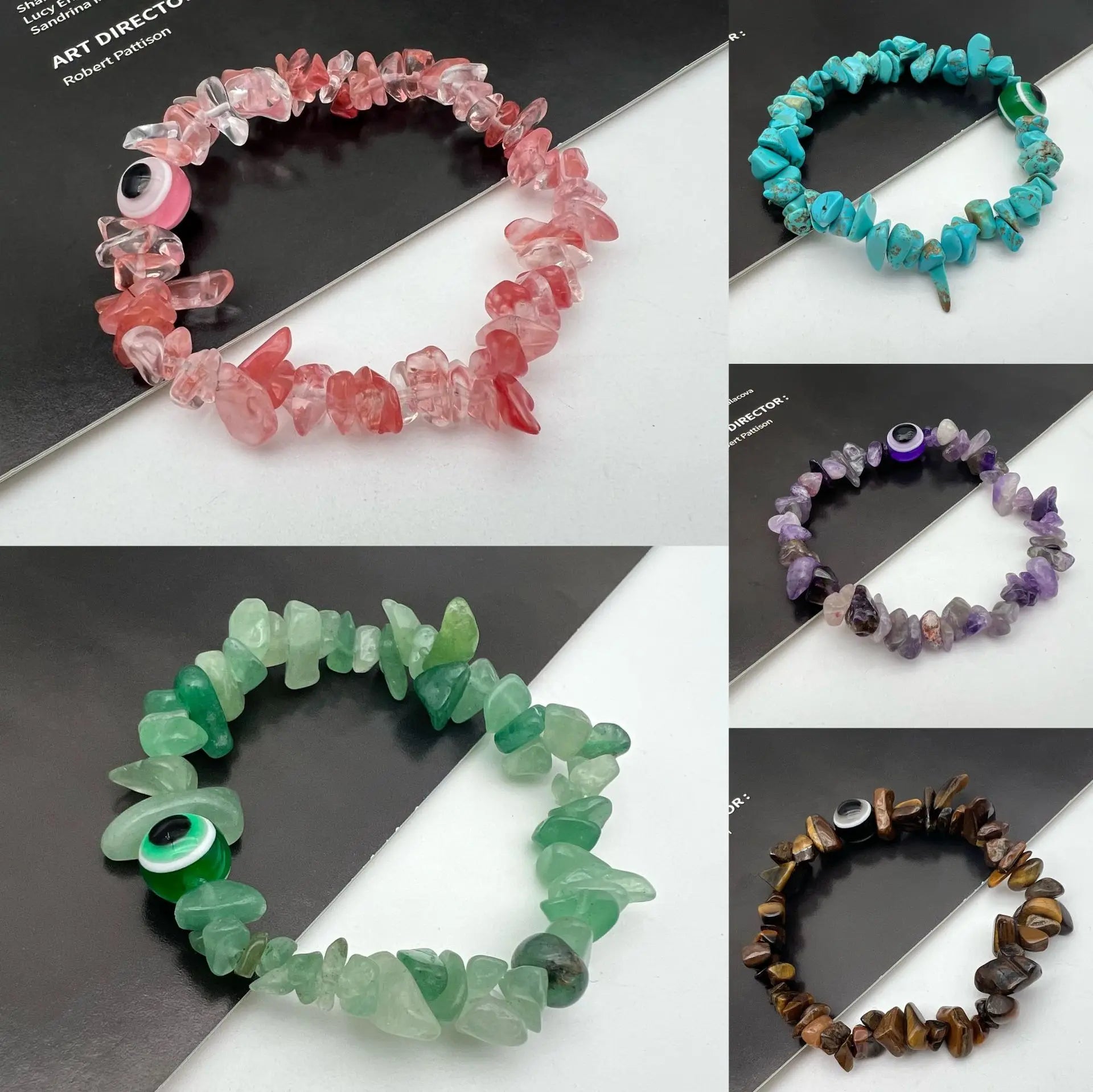b57 Blue Evil Eye Crystal Bracelet Irregular Natural Stone Beads Chip Jewelry Amethyst Aquamarine Rose Quartz Bangles for Women Qme