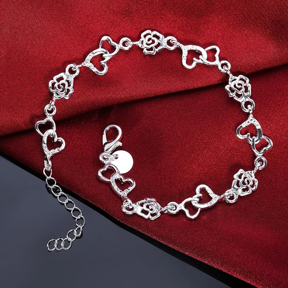 Charm 925 Sterling Silver Bracelets for Women Flowers heart Chain Fashion Wedding Party Christmas Gifts fine Jewelry Qme