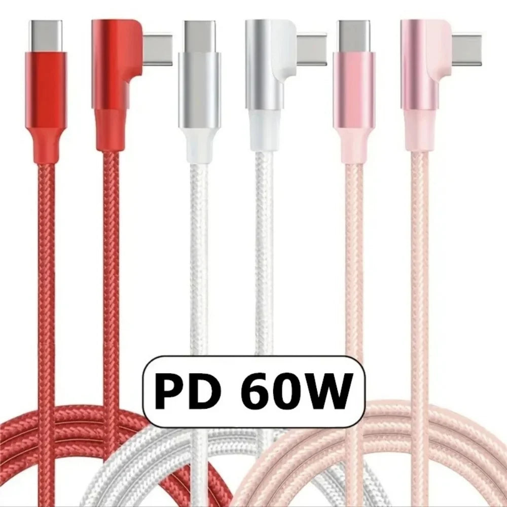 PD 60W 90 Degree Elbow Type C To Type C Fast Charging Cable USB C QC3.0 Data Line for iPhone Samsung Xiaomi Redmi POCO OnePlus Qme