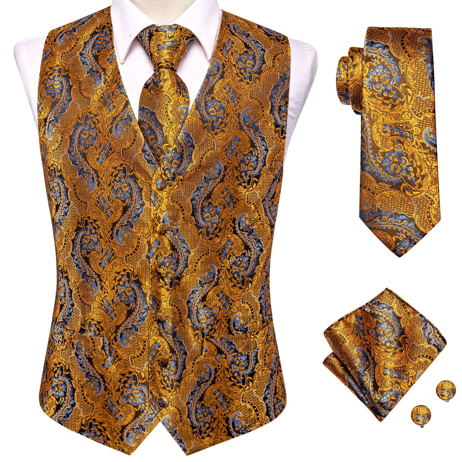 Hi-tie Mens Suit Vests Necktie Hankerchief Cufflinks Silk Slim Fit