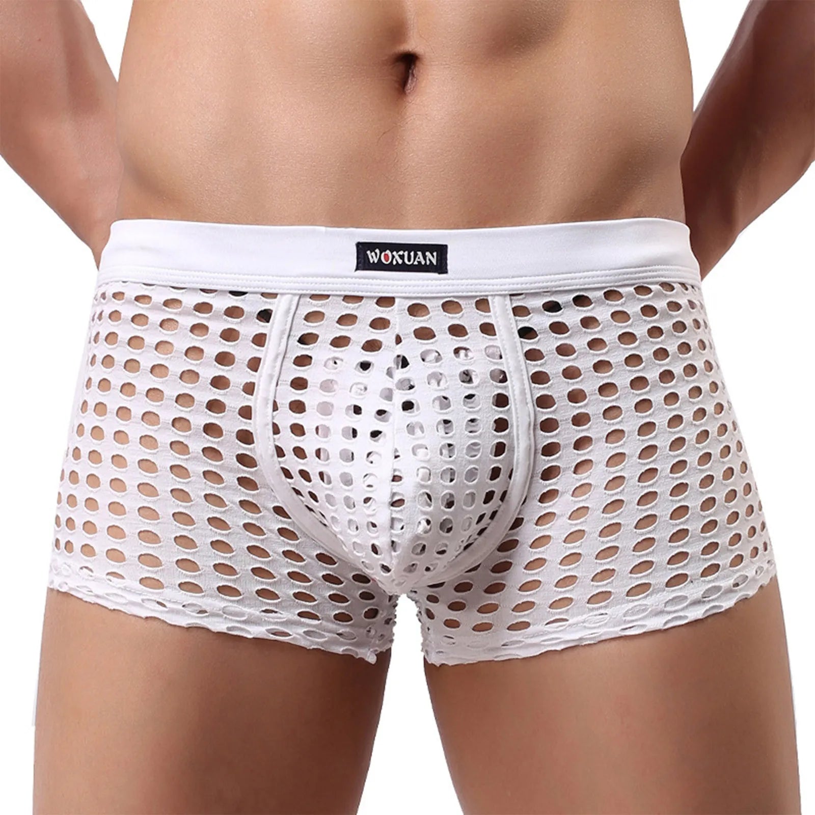See-through Sexy Mens Mesh Hollowed Out Shorts Underwear Breathable Loose Comfortable Erotic Thongs Qme White L