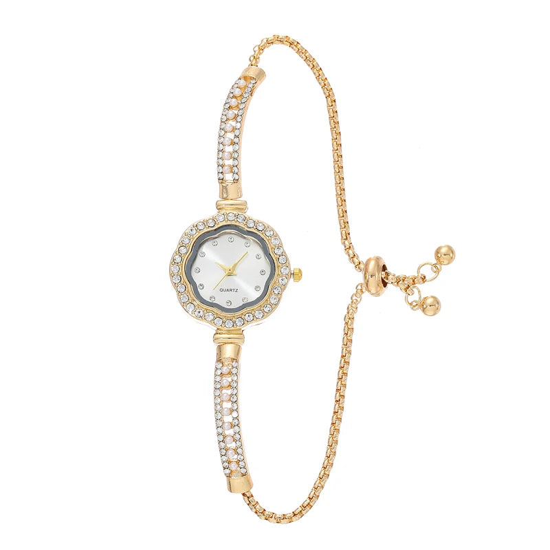1pcs Floral Colorful Dial Fashion Small Light Luxury Pearl Strap Women's Watch Features Pulling Bracelet Qme Bronze