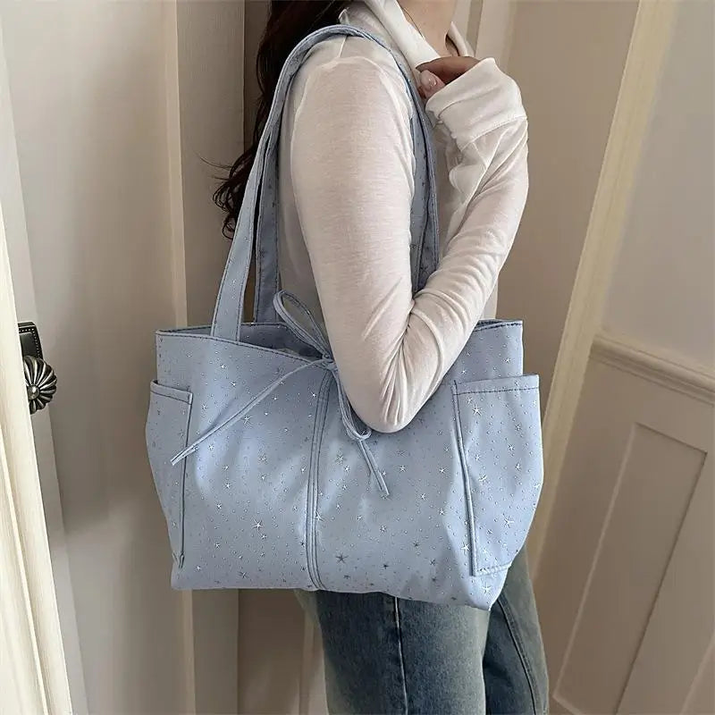 Light Blue Tote Bag With Glitter Star Pattern Bow Decor Multi Pockets For School Shopping Daily Outings Travel Qme