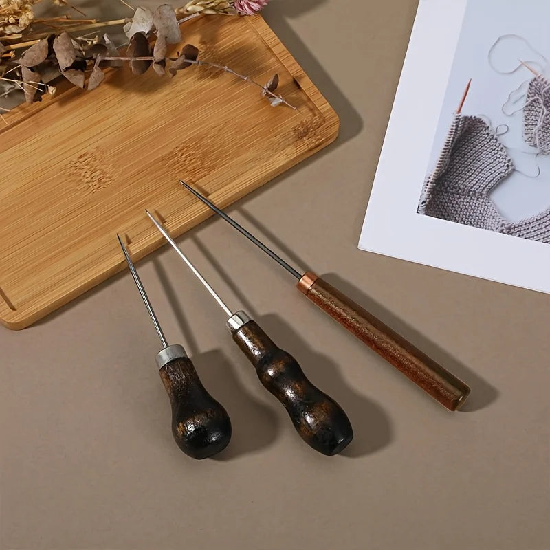 3pcs/Set Leather Awl Tool with Wooden Handle, Stitching Puncher for Sewing, Leathercraft, DIY Qme