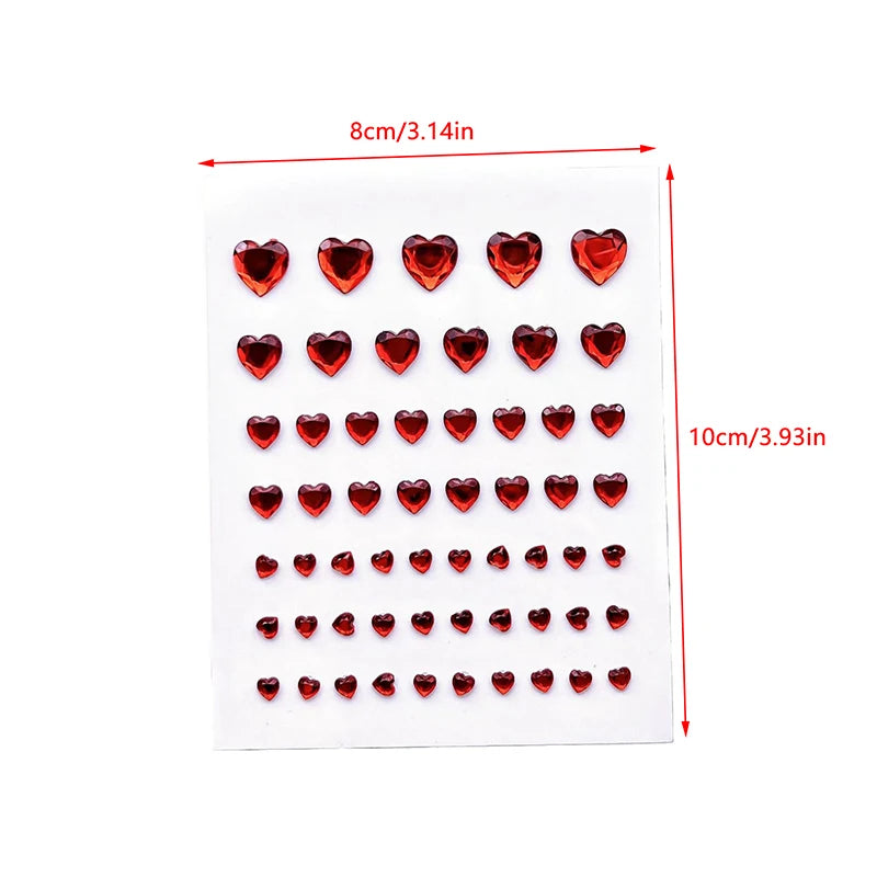 57Pcs/sheet Heart Rhinestone Face Jewels Stickers 3D Multicolor Self-Adhesive Gems For DIY Festival Party Eye & Face Makeup Deco Qme