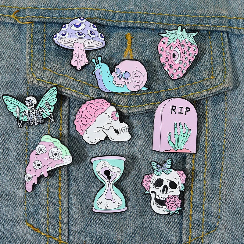 Purple Skeleton Enamel Pin Punk Butterfly Flower Intensive Eyes Gothic Strawberry Mushroom Halloween Lapel Badge Friends Jewelry Qme