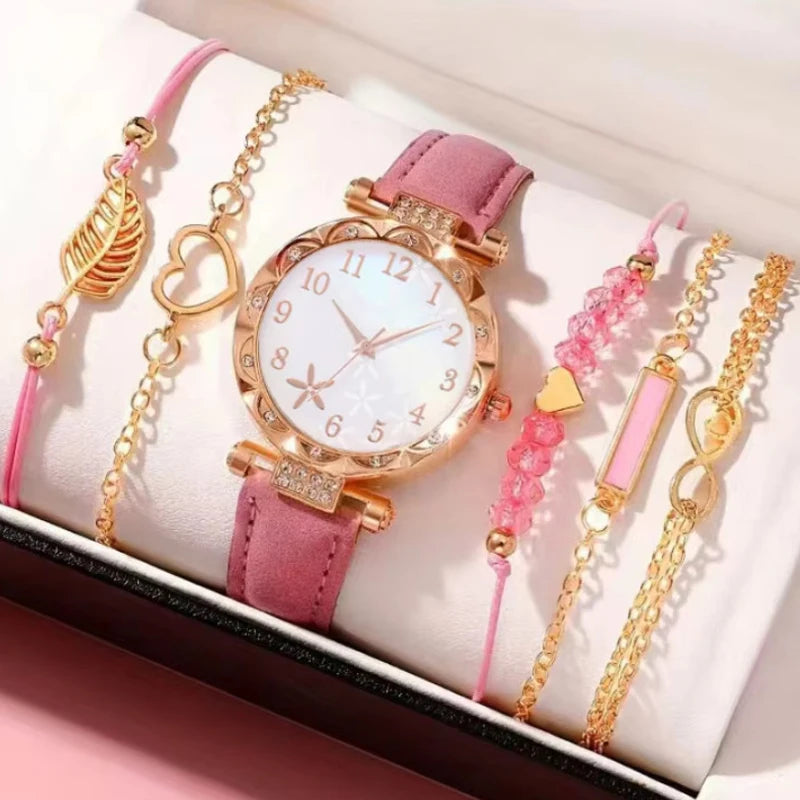 5Pcs Women Pink Suede Strap Watch Set, Floral Bezel Snowflake Dial Quartz Watch + Leaf Heart Pink Crystal Stack Bracelets Qme Brown