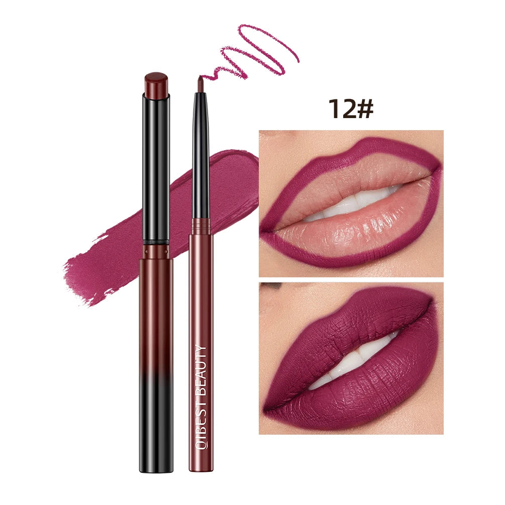 QIBEST 2pcs Lipstick Lipliner Pen Set Matte Nude Lip Liner Pencil Waterproof Long Lasting Lipstick Pen Contour Makeup For Women Qme 12