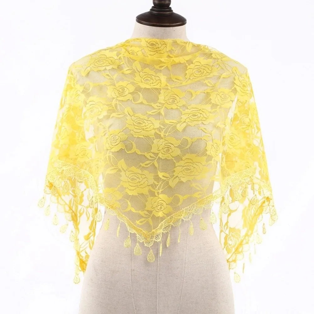 Sun Protection Lace Scarf Colorful Tassel Printed Wraps Hair Qme Yellow