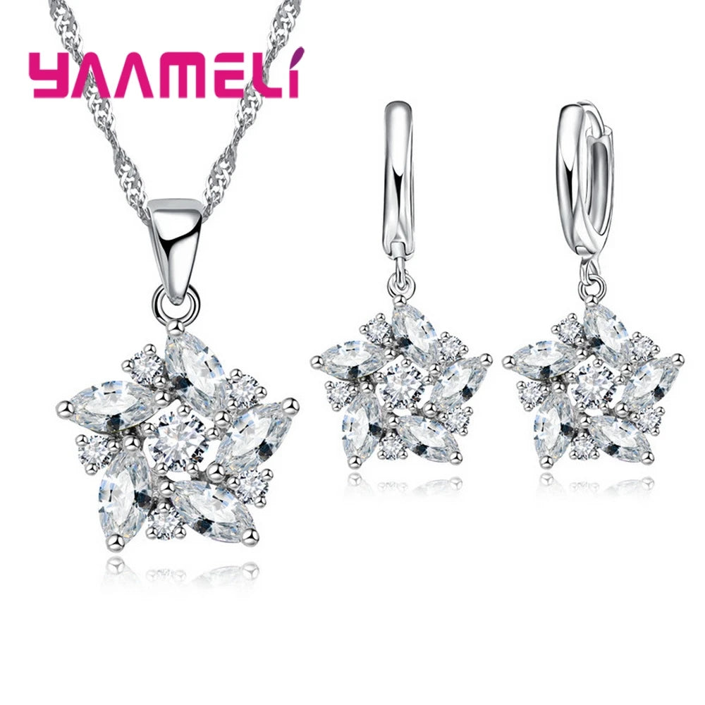 925 Sterling Silver Color Pendant Necklace Earrings Romantic Ethnic Style Windmill Shape Colorful/White Crystal Stone For Girl Qme